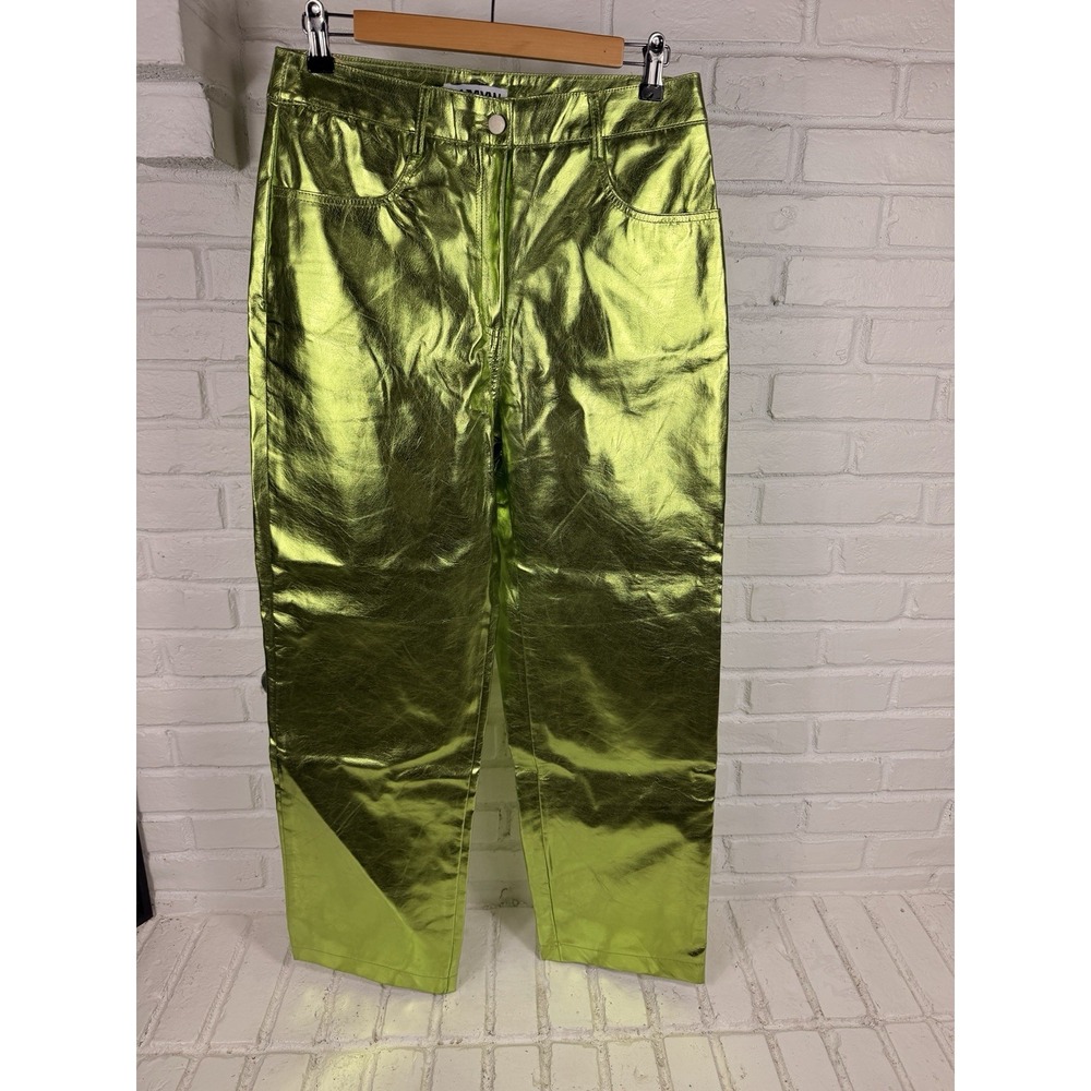 AMYLYNN Lupe Metallic Green Pants Womens L Faux Leather High Rise Straight Leg